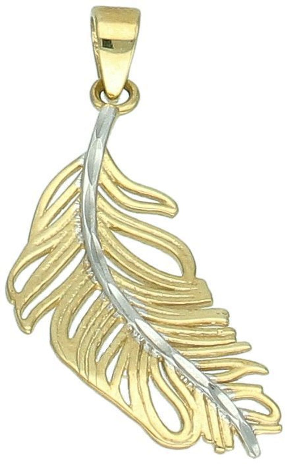 Złota zawieszka pióro z dodatkiem białego złota próba 333, ZA 4375. Ta elegancka zawieszka w kształcie pióra symbolizuje lekkość, wolność i elegancję. 1.jpg